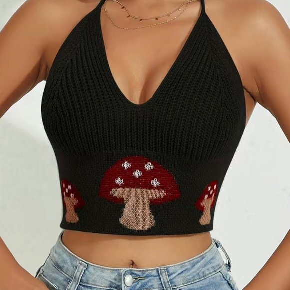 Womens Halter Crop Top Knit Large L Black Red Stretch Backless Mushroom … - Picture 3 of 16